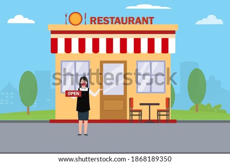 New Normal vector concept: Female waitress wearing face mask and holding open sign in front of the restaurant building after coronavirus pandemic