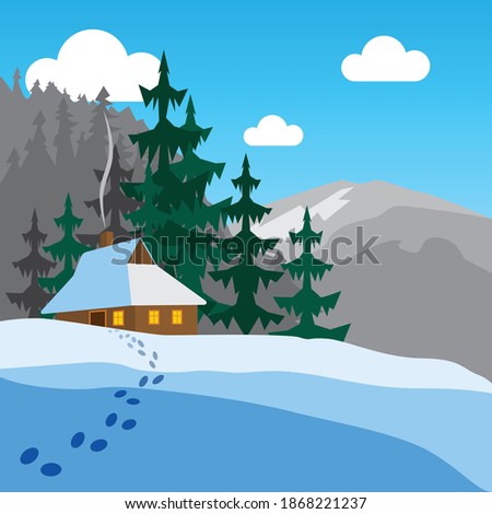 Winter mountain landscape. A house in the mountains. Winter vacation