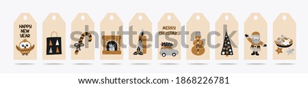 Set of Christmas and New Year gift tags in the Scandinavian doodle style, gold, silver and black colors. Stock vector illustrations with symbols of holiday. Traditional elegant labels for printing.