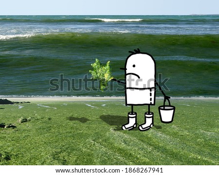 Hand drawn Cartoon Man on a French Coast Polluted by Green Seaweeds - collage
