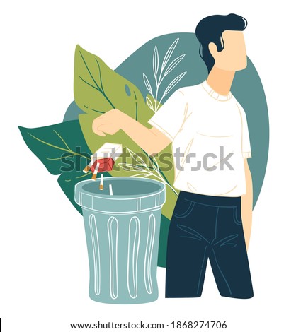 Quitting smoking and bad habits, male character throwing pack of cigarettes in trash. Healthy lifestyle and improvement of wellness of organism. Stop addiction and overcoming nicotine, vector