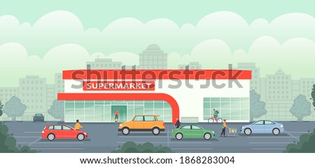 Supermarket building in the background of the city. Large grocery store with parking and cars. People shop for goods, go for groceries. Vector illustration in flat style Royalty-Free Stock Photo #1868283004