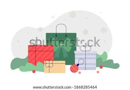Bright boxes and pockets with bows. Gifts for Christmas and New Year. Flat illustration. Vector file.