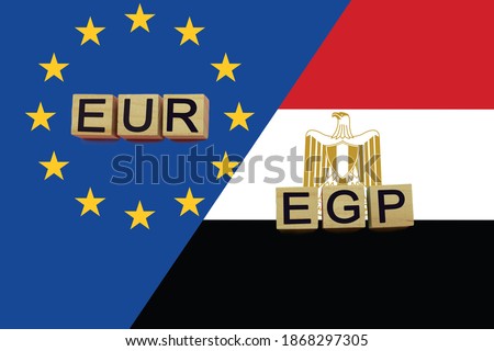 United Europe and Egypt currencies codes on national flags background. International money transfer concept