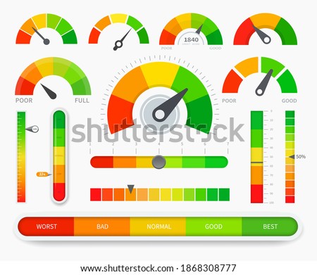 Credit score indicators. Good and Bad meter. Credit rating history report. Limit indicators with color levels from poor to good. Vector illustration. Royalty-Free Stock Photo #1868308777