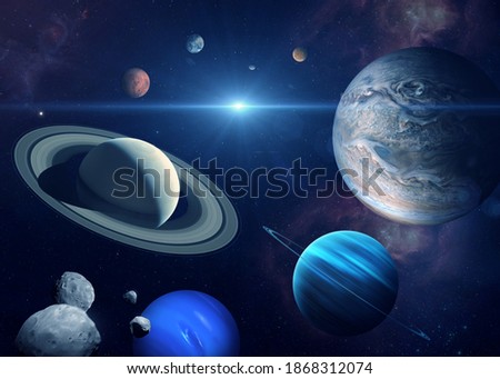 Solar system planet, sun and star. Sun, Mercury, Venus, planet Earth, Mars, Jupiter, Saturn, Uranus, Neptune. Sci-fi background. Elements of this image furnished by NASA. 