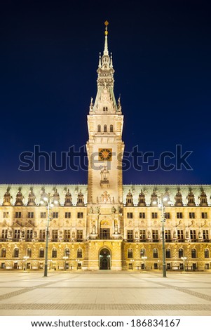 Front view of the famous town hall in Hamburg, Germany at night