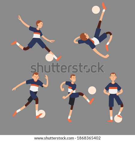 Set of young man football player in various poses playing with a ball. Vector illustration, flat style.