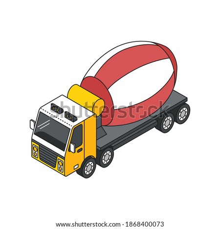 Isometric building engineering outline composition with image of concrete mixer truck vector illustration