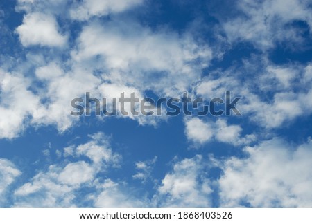 Scattered white cloud in high sky atmosphere. Natural fluffy cloud in light blue sky background sunny day. Sales promotion nature background.