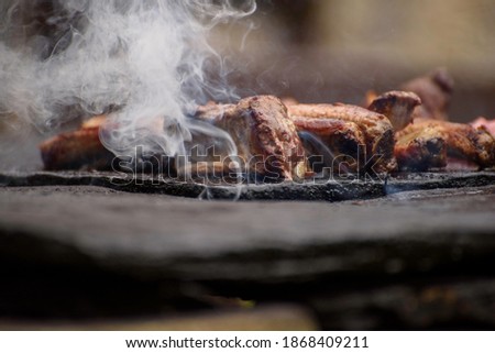Meat on the grill outdoors. Ribs barbecue on the grill. Selective focus photography.