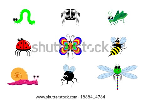 Funny cartoon insects. Different emotions and postures. A set of 9 images. Vector for children's publications, editions, websites and shops. On a white isolated background. Various bright insects