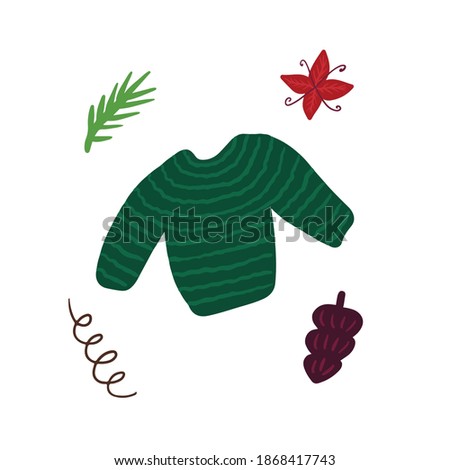Christmas green pullover with decoration spruce branch, twig, serpentine, flower, cone isolated on white background. Sweater and leaves hand drawn cartoon composition. Happy new year celebration. 