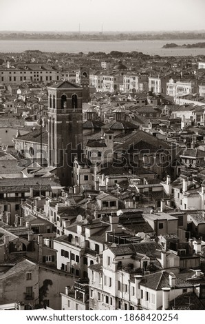 Venice skyline viewed from above at clock tower in St Mark’s square. Italy.
