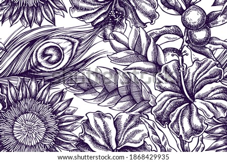 Artistic seamless pattern with banana palm leaves, hibiscus, solanum, bromeliad, peacock feathers, protea