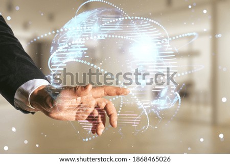 Man hand clicks on abstract graphic digital world map with connections on blurred office background, globalization concept. Multiexposure
