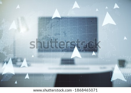 Double exposure of world map with pins hologram on laptop background. Geolocation tracking and transportation concept