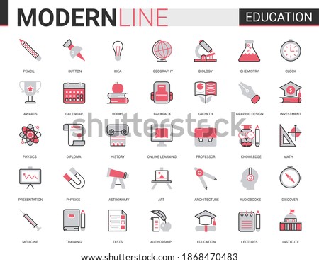 Education flat thin red black line icon vector illustration set with outline infographic school, laboratory or university, educational symbols, lab experiment equipments, school book and stationery