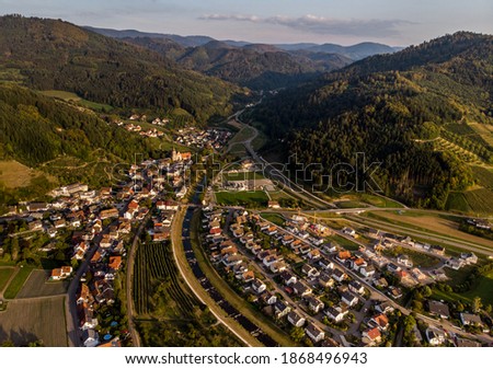 Sunset light over Lautenbach, well known for the gothic pilgrimage church Maria Kronung, Ortenau district, Baden-Wurttemberg, Germany 