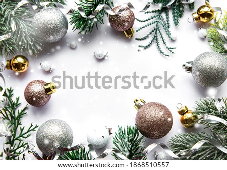 Festive white background with Christmas decorations. Flat lay, top view. Copy space for text.