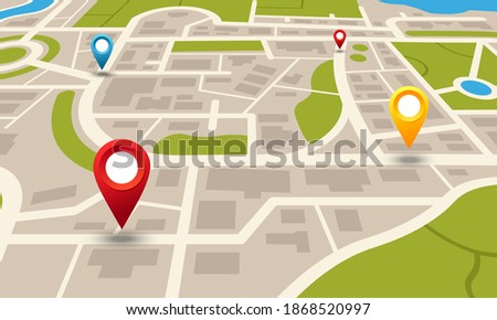 City map. Navigation plan with pointers. Location and transport moving direction. Layout of houses and buildings, streets or town squares, river and park areas. Cartography mockup, vector illustration Royalty-Free Stock Photo #1868520997