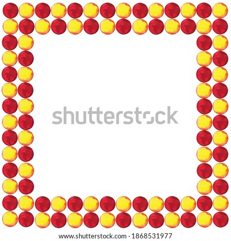 Quadratic frame of red and yellow  confetti in checkers pattern. Pizza party, Birthday, Easter background for greeting decor. Watercolor hand drawn isolated elements on white background.