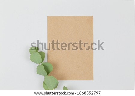 Craft card with a branch of eucalyptus on a white background. Wedding invitations. Greeting card. Space for an inscription. Empty space. Styled stock photo, web banner. Flat lay, top view.