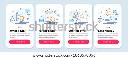 Set of Education icons, such as Time management, Certificate, Internet report symbols. Mobile screen app banners. Pie chart line icons. Alarm clock, Verified document, Web tutorial. 3d graph. Vector