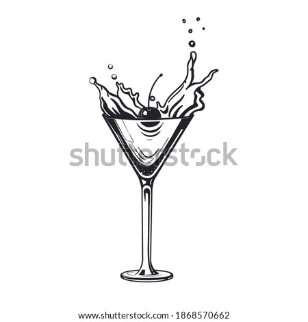 Splash manhattan glass cocktail  engraving alcohol drink with cherry. Hand drawn black and white isolated vector illustration vintage style. 