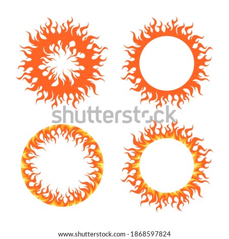 Flame circles set. Round fire frames for designs. Vector illustration isolated on a white background in cartoon style.