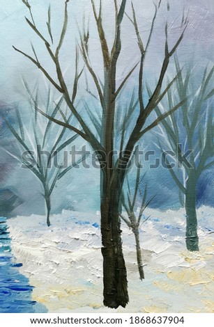 christmas forest, winter landscape, oil hand painted, abstract background, snow, painting,