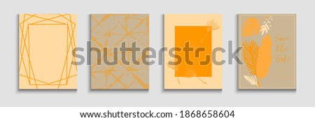Abstract Asian Vector Banners Set. Hand Drawn Minimal Background. Painted Forms Shapes in Oriental Style. Geometric Border Pattern. Soft, Elegant Invitation Template. Tie-Dye, Tropical Leaves Posters