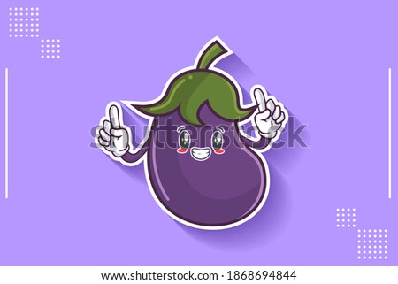 SMILING, HAPPY, GRIN SMILE Face Emotion. Double Forefinger Hand Gesture. Eggplant vegetable Cartoon Drawing Mascot Illustration.