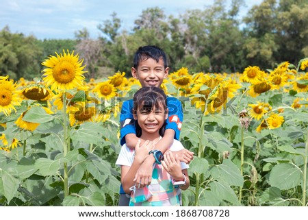 Asian brother and sister standing hug smiling and looking camera while to travel the sunflower field.