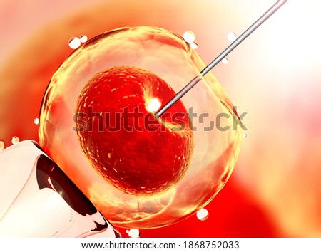 Cell injection - artificial insemination. Needle puncture the cell membrane. The moment of artificial fertilization. 3d render