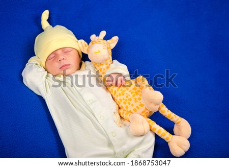 Attractive newborn baby boy sleeping on a blue blanket with little toy. Three weeks Top view 