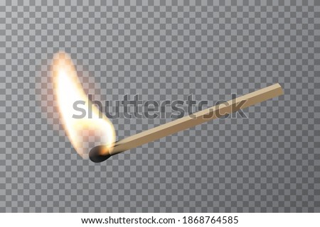 Lit match stick burning with fire flame. Wooden match, hot and glowing red isolated on transparent background. Abstract realistic horizontal vector illustration. Match design. Royalty-Free Stock Photo #1868764585