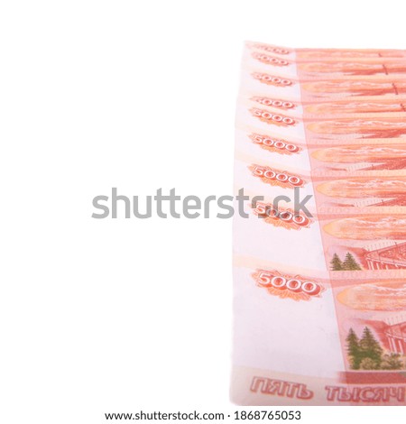 Banknotes, Russian banknotes, spread out on a white background, isolated, panoramic banner format, close-up, space for text