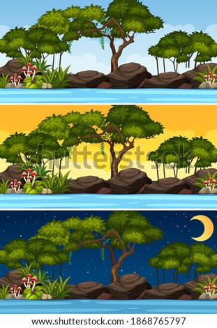 Nature landscape scene at different times of day illustration