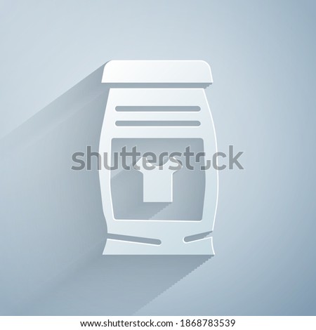 Paper cut Laundry detergent for automatic wash machine icon isolated on grey background. Paper art style. Vector