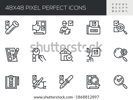 Set of Vector Line Icons Related to Expertise. Inspection, Examination, Analysis, Testing. Editable Stroke. 48x48 Pixel Perfect. Royalty-Free Stock Photo #1868812897
