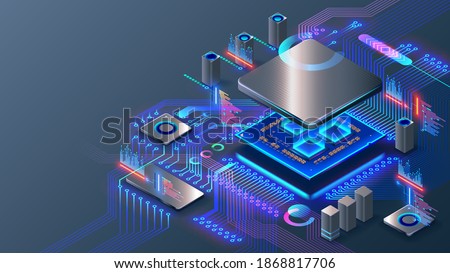 CPU. Abstract digital chip computer processor and electronic components on motherboard or circuit board. Technology develop electronic devices on microchip or microprocessor, hardware engineering. AI. Royalty-Free Stock Photo #1868817706