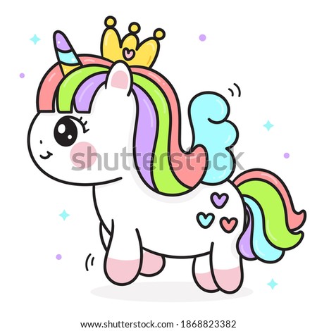 Cute Unicorn princess vector rainbow pony cartoon pastel background: Series fairy tale characters kawaii animals horse (flat Girly doodles). Perfect Nursery children, kids, greeting card, baby shower.