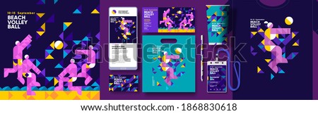 Set of vector illustrations. Illustration for a sporting event, beach volleyball, stylized people playing beach volleyball. Corporate identity, branding, mobile phone, package, postcard, I. D. badge.