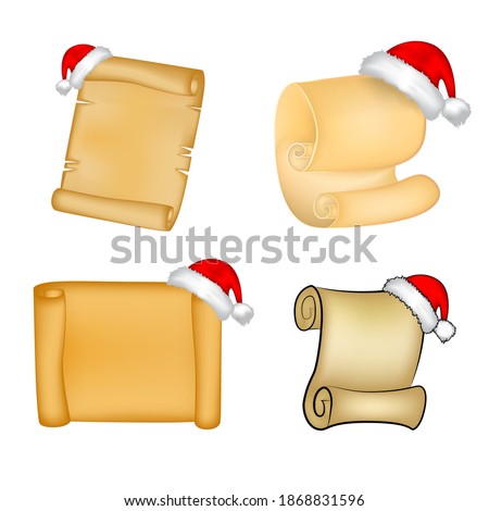 Christmas scroll backgrounds set. Collection of xmas parchment with copy space. Vector empty ornament paper illustration. Blank antique seasonal letter with santa hat. Cartoon design on white.
