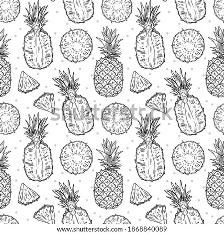 Pineapple fruits seamless pattern. Whole and half of the fruit on a white background. Doodle black outline style.