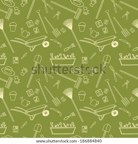Decorative garden tools seamless wallpaper white on green pattern vector illustration