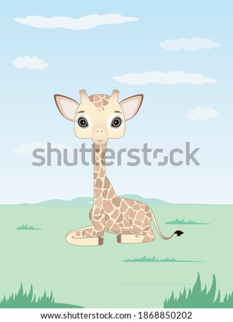 Children’s illustration of a small giraffe. Giraffe resting on the grass.