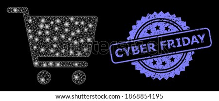Glowing mesh network shopping cart with glowing spots, and Cyber Friday textured rosette stamp. Illuminated vector model created from shopping cart icon.