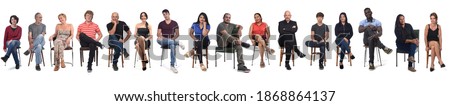 line of a front view of a group of people wiith legs crossed on white background Royalty-Free Stock Photo #1868864137